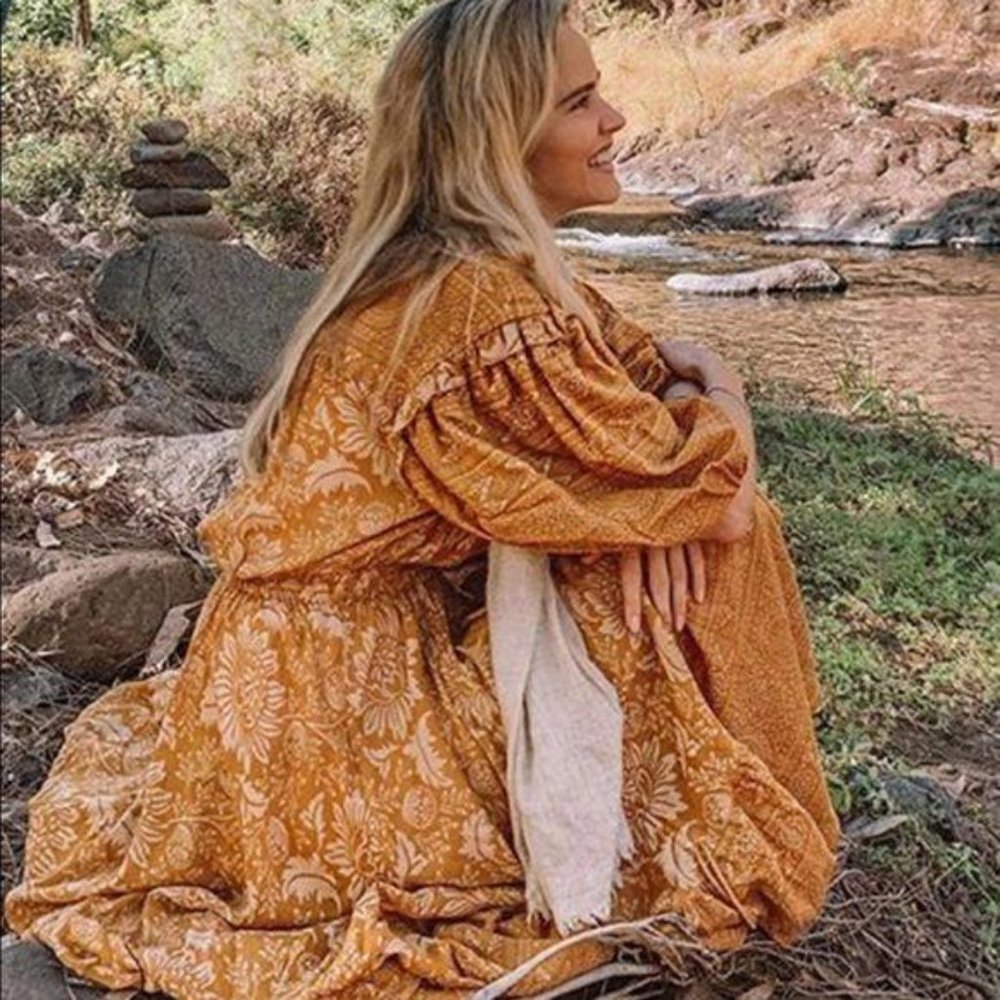 Bohemian Gypsy Print Ruffle Floral Dress Orange - Picture 12 of 13